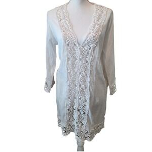 La Blanca Womens White Crochet Lace Trim V-Neck Swim Cover Up Dress Size Small